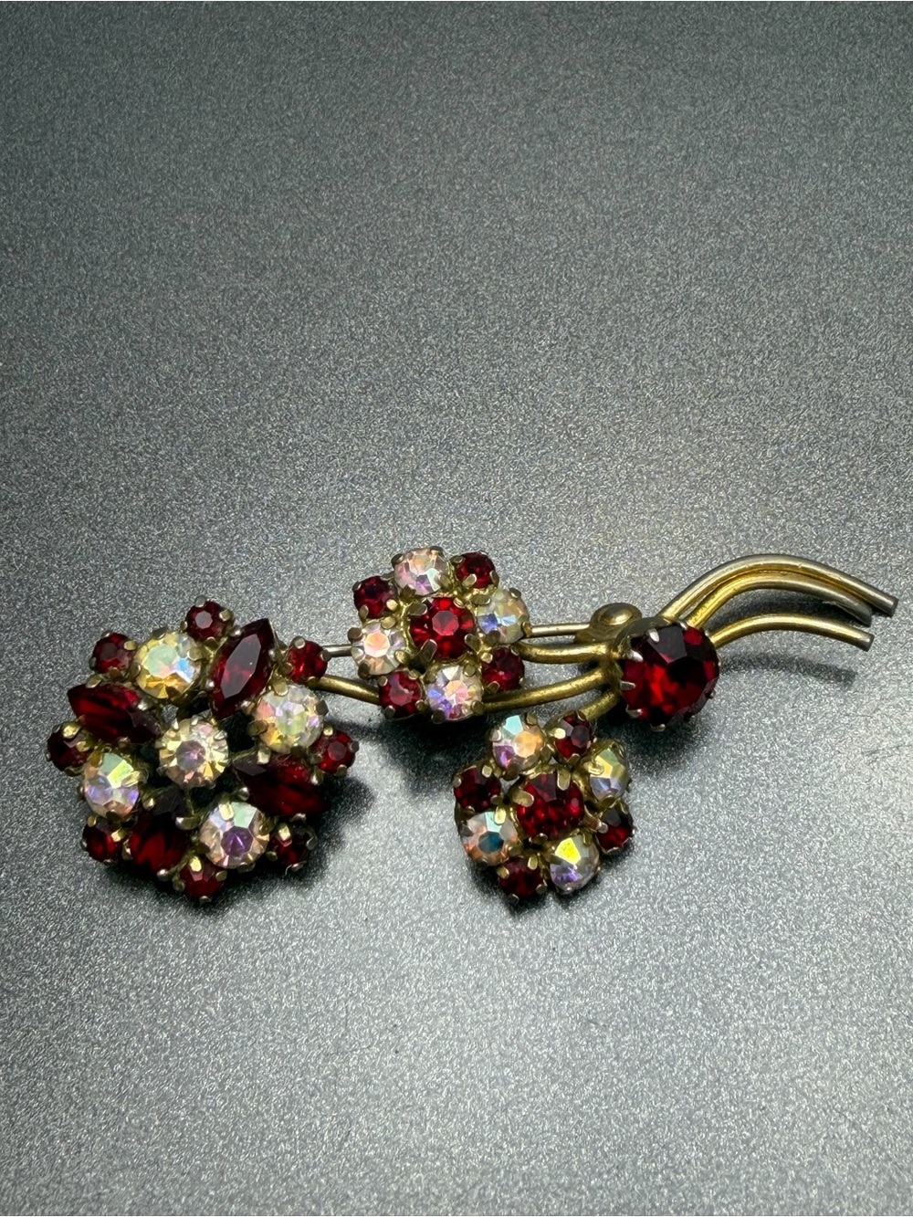 Vintage Red And AB Floral Brooch Pin